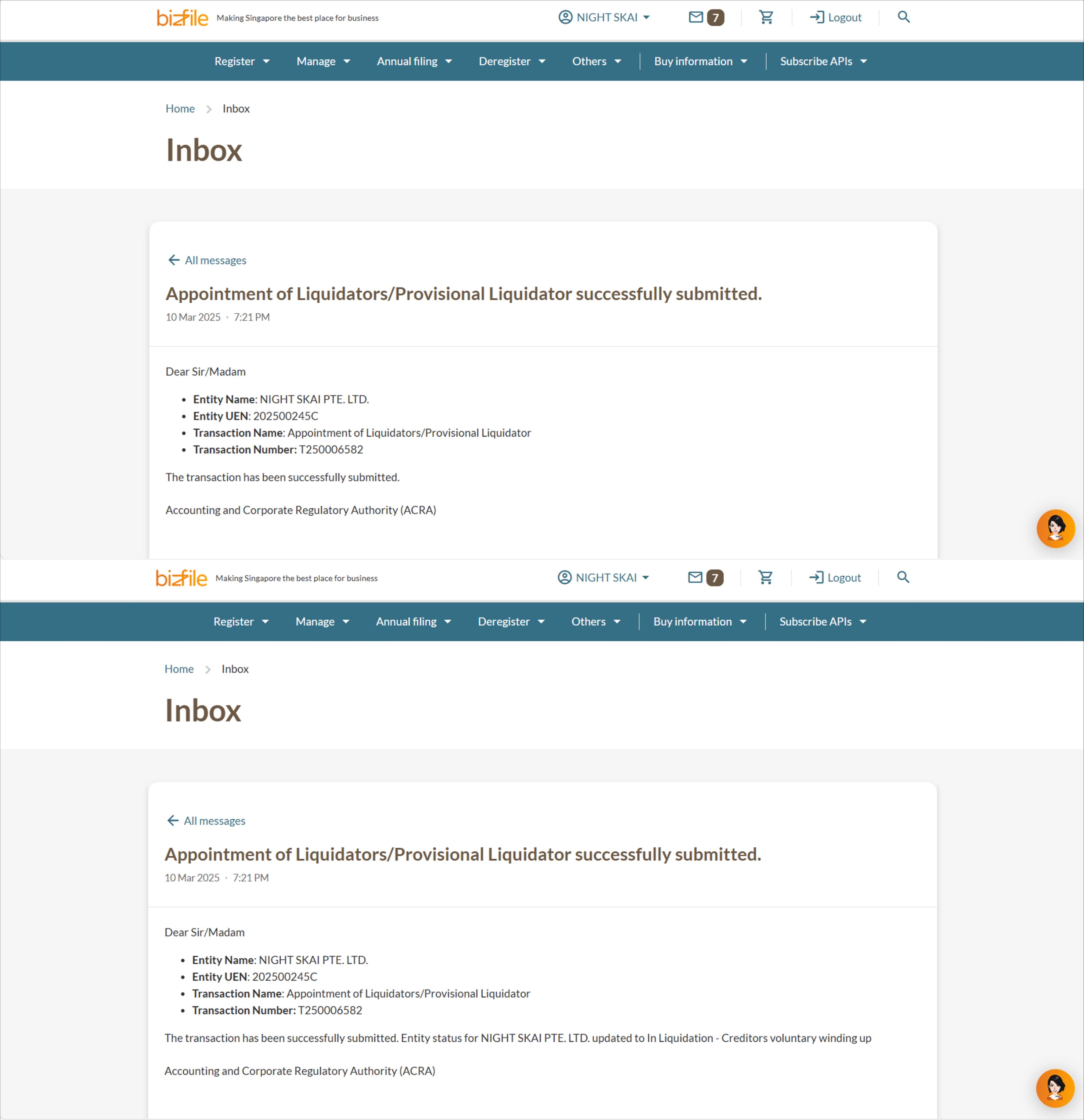 Bizfile Inbox showing two notifications: submission confirmation and entity status change to In-Liquidation – Creditors' Voluntary Winding Up